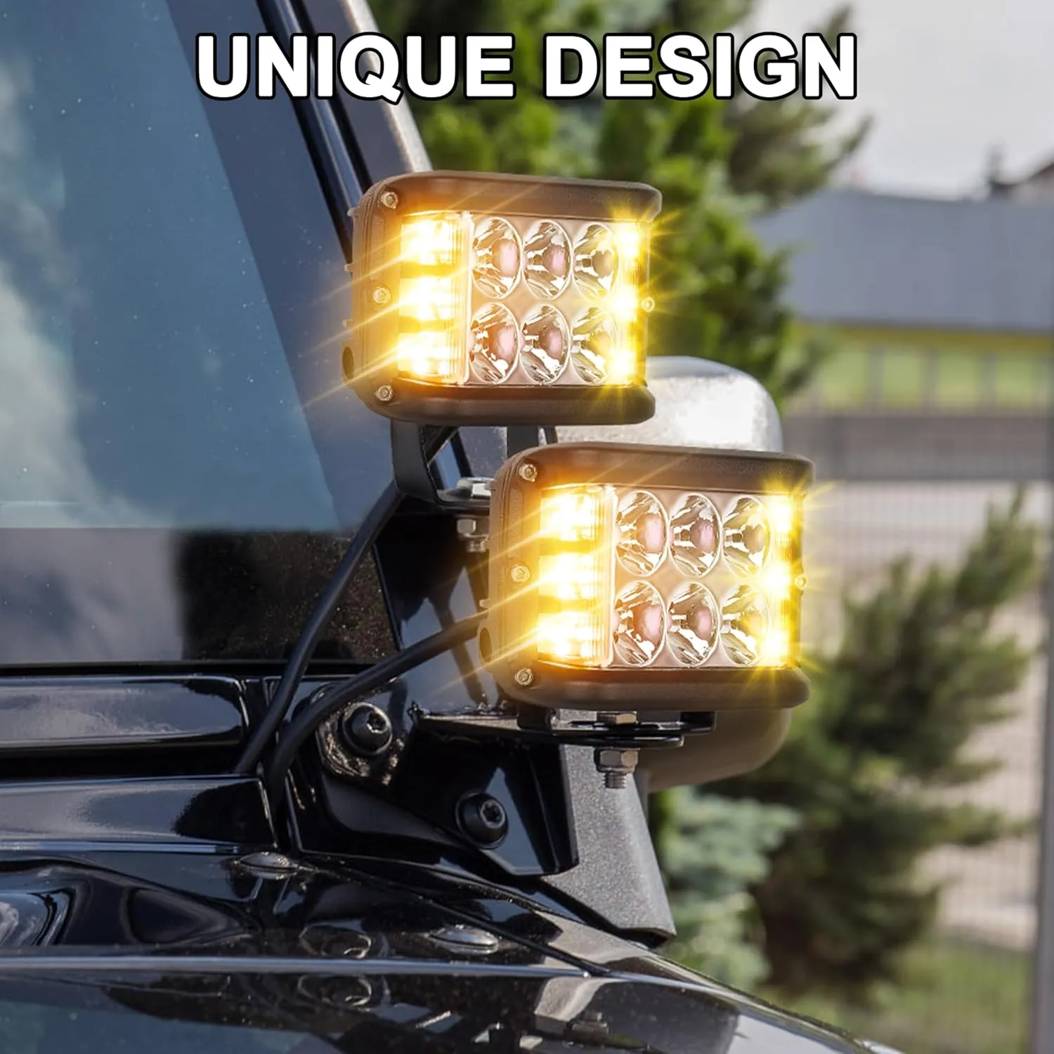 Side Shooter Pod Lights 4 Inch Dual Side Yellow Strobe LED Cube for Farm Tractor Plow Truck ATV UTV Offroad