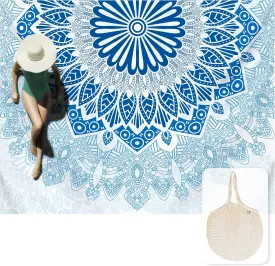 Silky Soft 108"x84" Sand Proof Beach Blanket Sand Proof Mat with Corner Pockets and Fashion Mesh Bag for Beach Party, Travel, Camping and Outdoor Music Festival, Boho Blue Mandala
