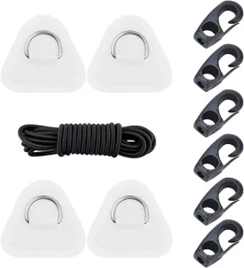 Stainless Steel D-Ring Pad PVC Triangle Patch with 8.2ft Bungee Cord and 6pcs Hooks for Inflatable Boat Sup Kayak Canoe Deck Surfboard Raft Stand Up Paddle Board (4pcs- White)