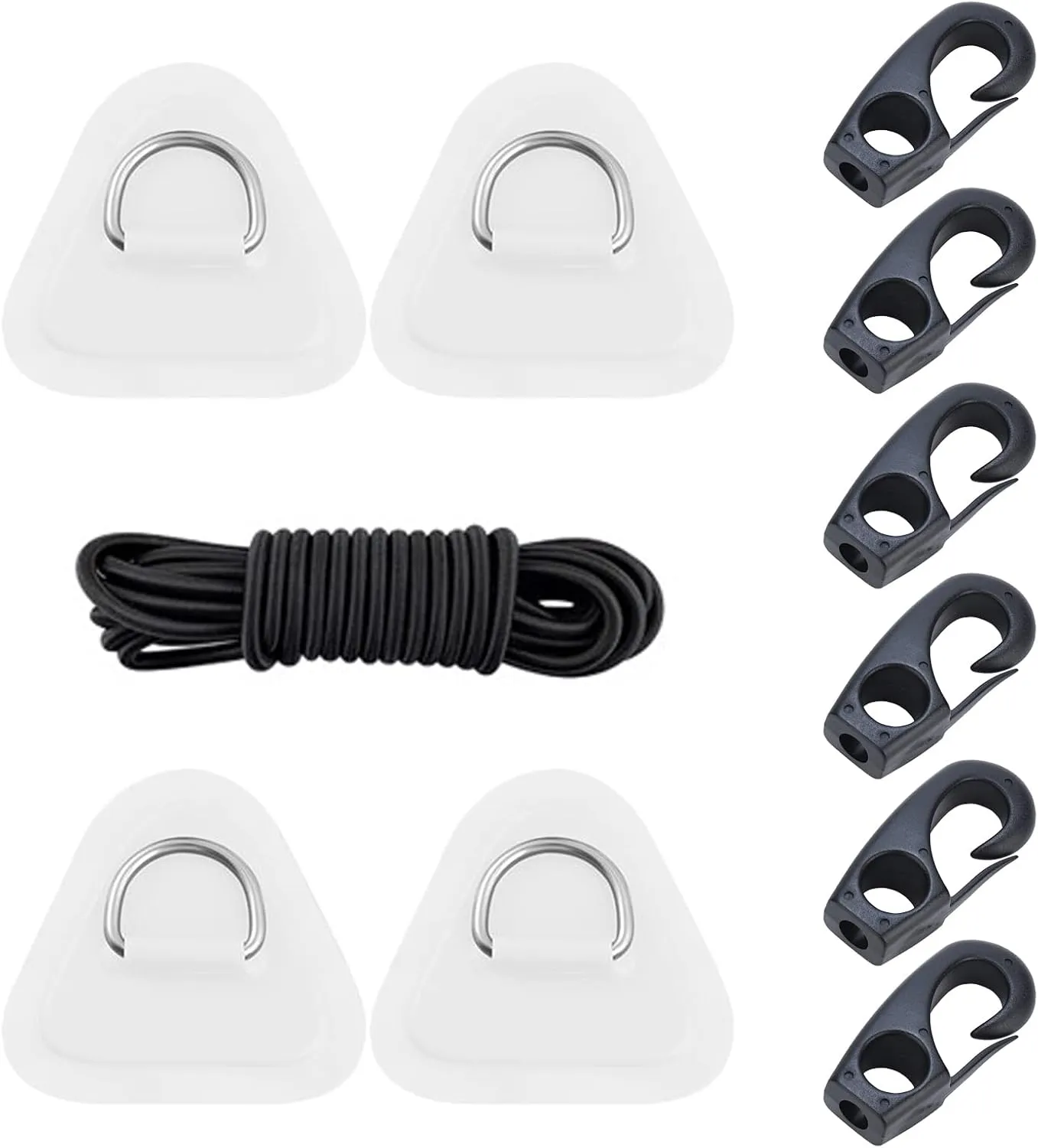 Stainless Steel D-Ring Pad PVC Triangle Patch with 8.2ft Bungee Cord and 6pcs Hooks for Inflatable Boat Sup Kayak Canoe Deck Surfboard Raft Stand Up Paddle Board (4pcs- White)