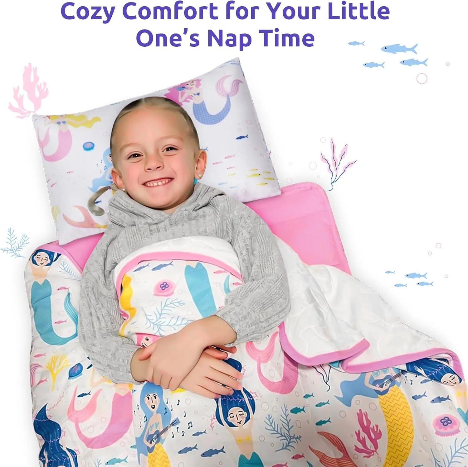 Toddler Nap Mat with Removable Pillow and Plush Blanket - 54" x 33"for Kids Ages 3-6 Years - Soft Kids Sleeping Bag for Toddlers - Roll Up Design Great for Preschool, Daycare