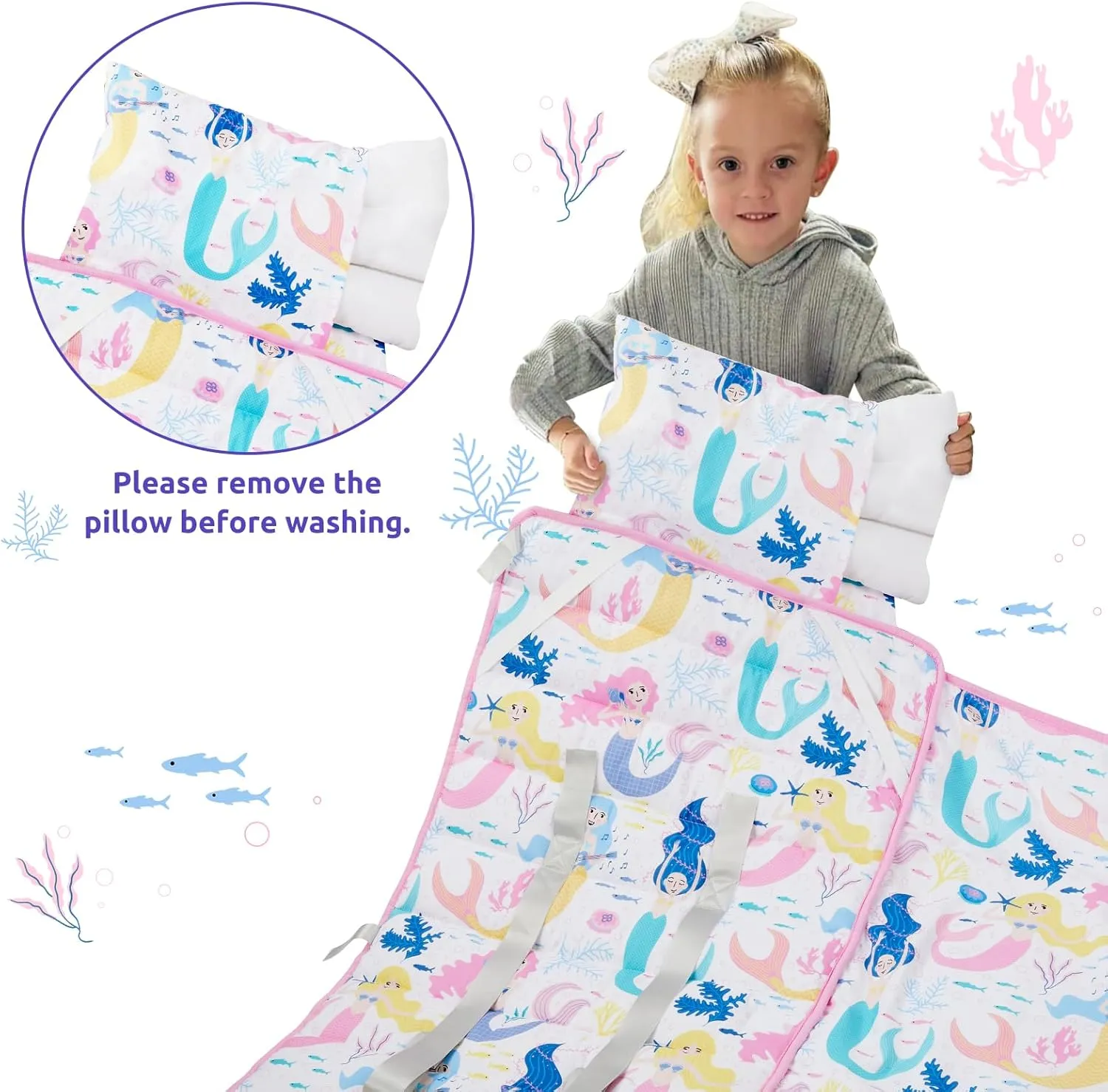 Toddler Nap Mat with Removable Pillow and Plush Blanket - 54" x 33"for Kids Ages 3-6 Years - Soft Kids Sleeping Bag for Toddlers - Roll Up Design Great for Preschool, Daycare