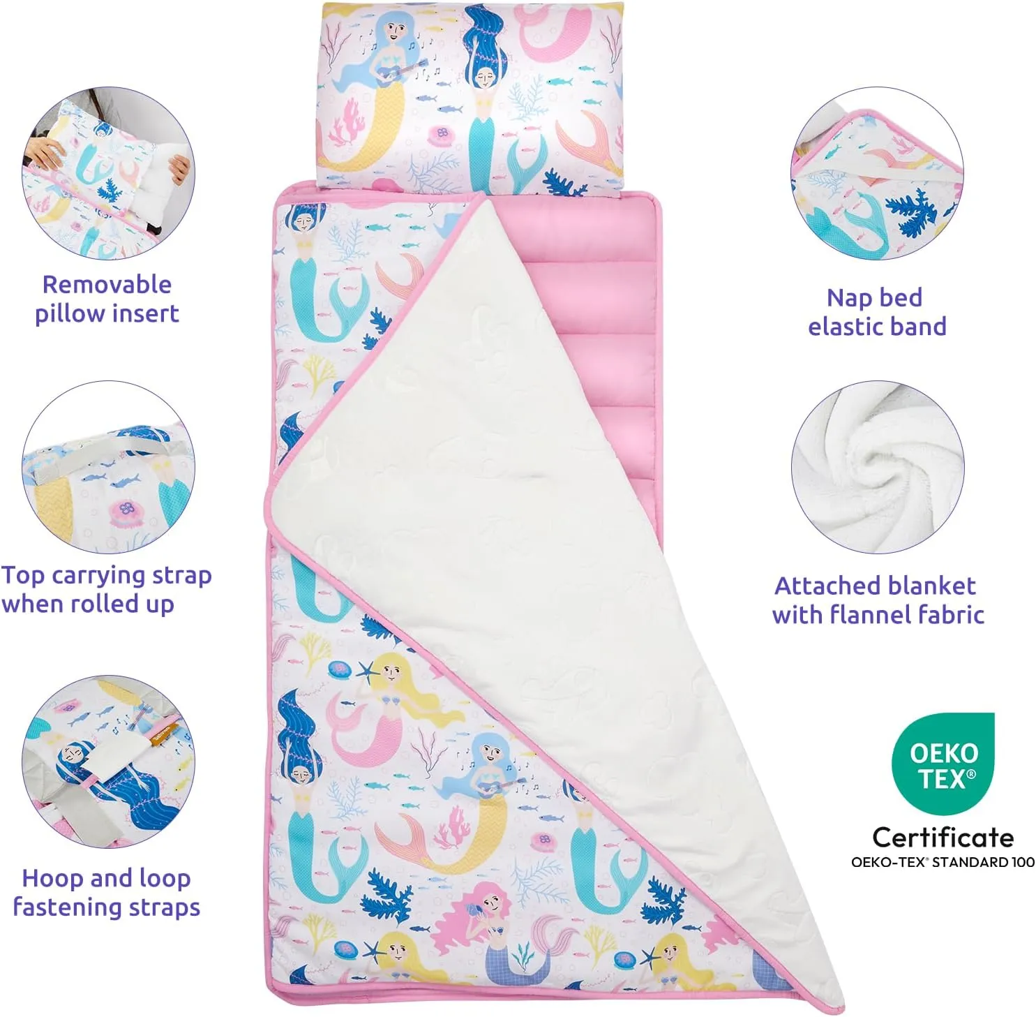 Toddler Nap Mat with Removable Pillow and Plush Blanket - 54" x 33"for Kids Ages 3-6 Years - Soft Kids Sleeping Bag for Toddlers - Roll Up Design Great for Preschool, Daycare