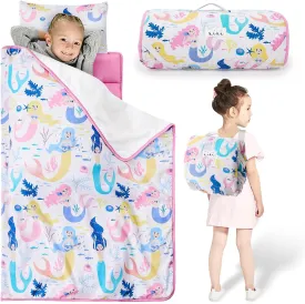 Toddler Nap Mat with Removable Pillow and Plush Blanket - 54" x 33"for Kids Ages 3-6 Years - Soft Kids Sleeping Bag for Toddlers - Roll Up Design Great for Preschool, Daycare