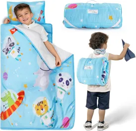Toddler Nap Mat with Removable Pillow and Plush Blanket - 54" x 33"for Kids Ages 3-6 Years - Soft Kids Sleeping Bag for Toddlers - Roll Up Design Great for Preschool, Daycare