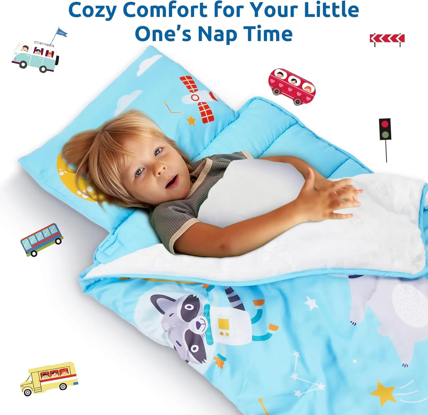 Toddler Nap Mat with Removable Pillow and Plush Blanket - 54" x 33"for Kids Ages 3-6 Years - Soft Kids Sleeping Bag for Toddlers - Roll Up Design Great for Preschool, Daycare