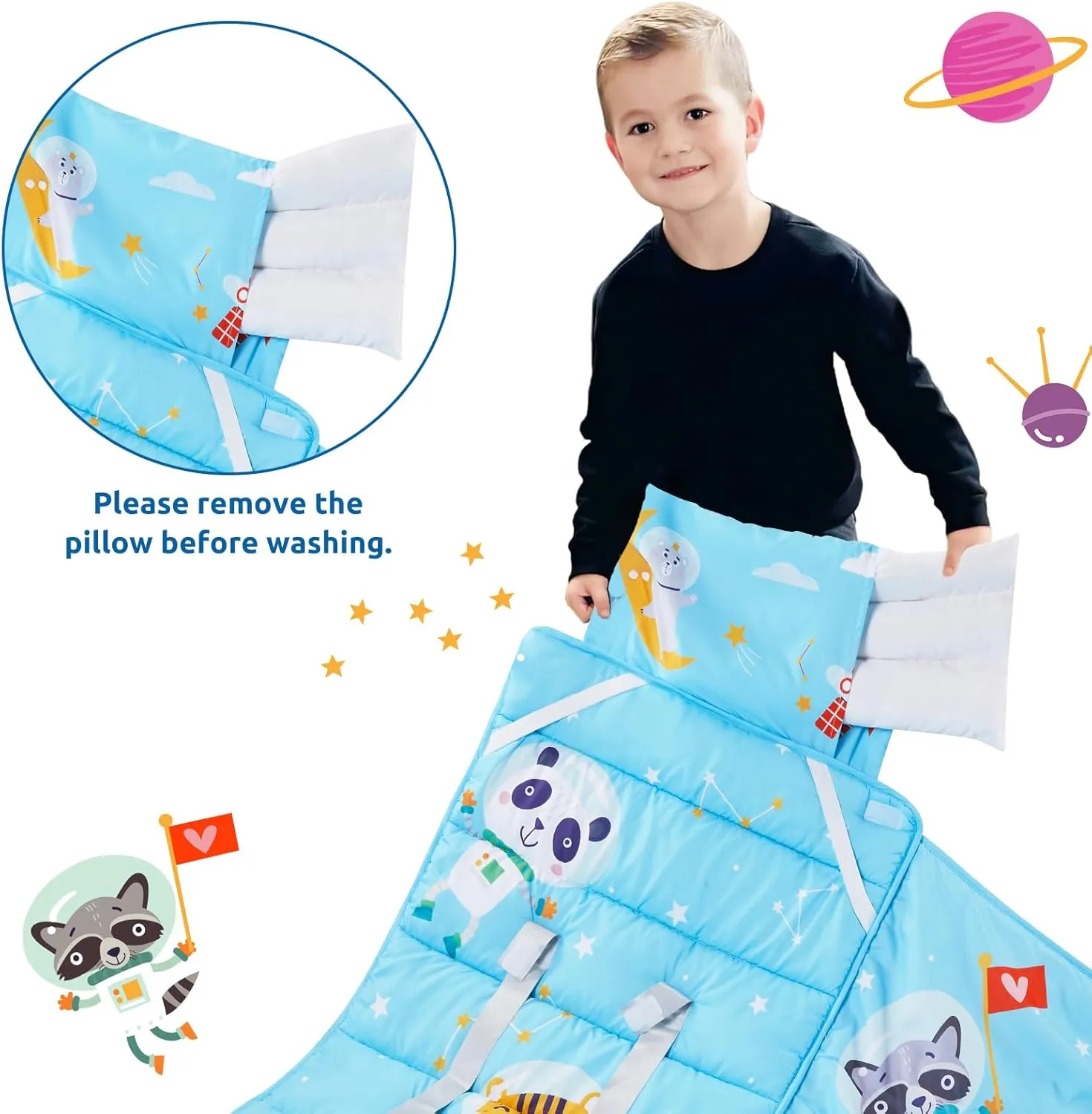 Toddler Nap Mat with Removable Pillow and Plush Blanket - 54" x 33"for Kids Ages 3-6 Years - Soft Kids Sleeping Bag for Toddlers - Roll Up Design Great for Preschool, Daycare