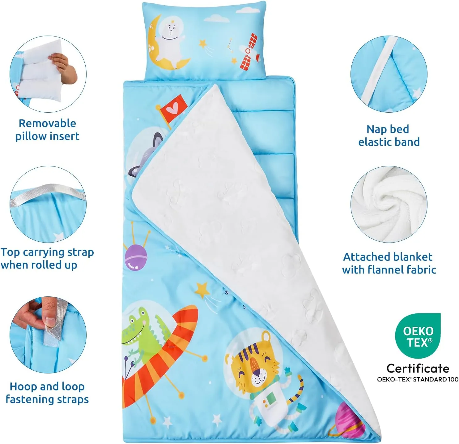Toddler Nap Mat with Removable Pillow and Plush Blanket - 54" x 33"for Kids Ages 3-6 Years - Soft Kids Sleeping Bag for Toddlers - Roll Up Design Great for Preschool, Daycare