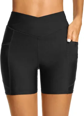Tournesol Women's Swim Shorts Bathing Suit Bottoms High Waisted Swimsuit Tankini Boy Shorts with Pocket 5 Inch Black