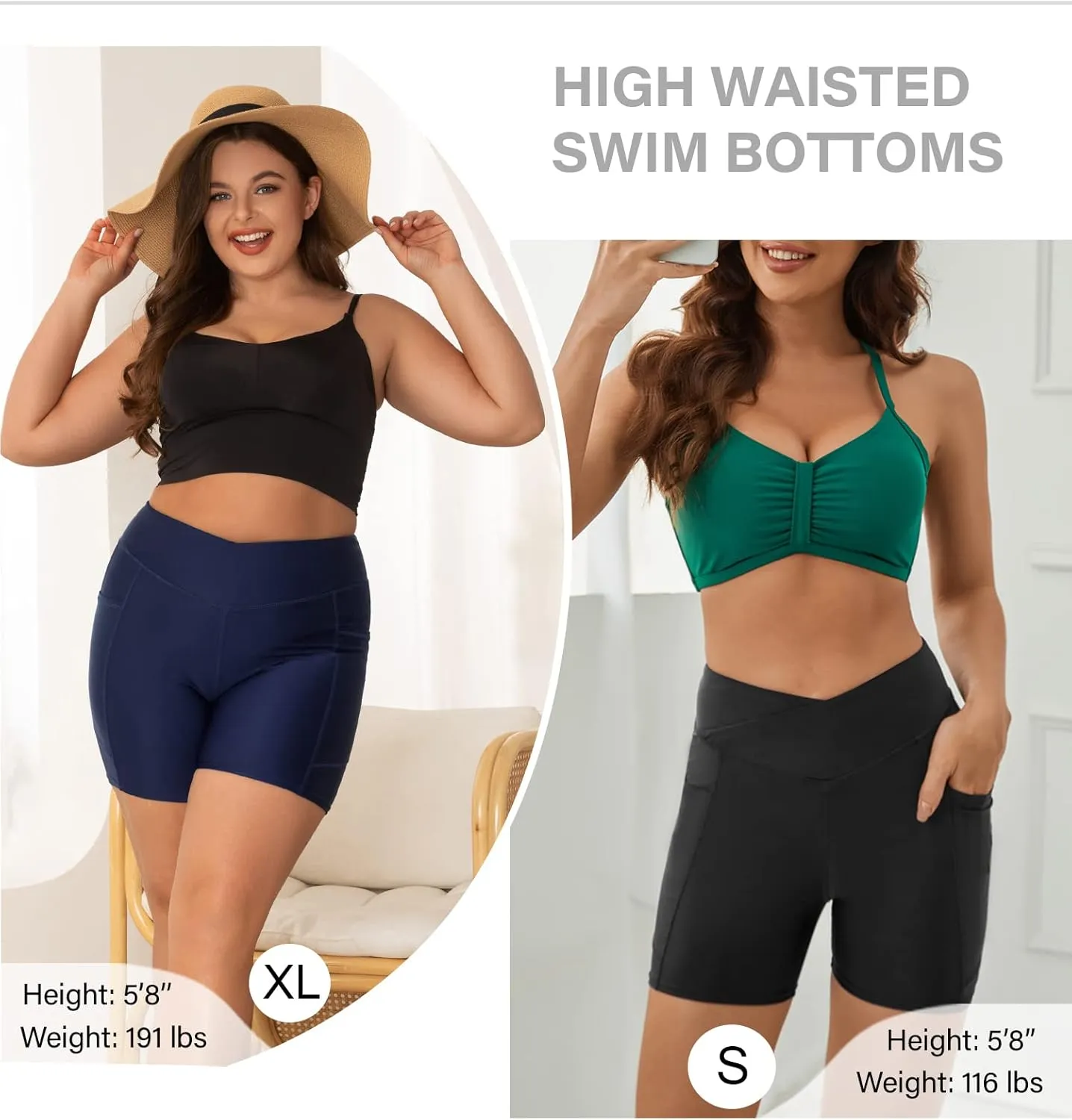 Tournesol Women's Swim Shorts Bathing Suit Bottoms High Waisted Swimsuit Tankini Boy Shorts with Pocket 5 Inch Black