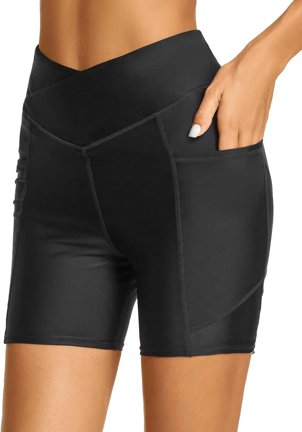 Tournesol Women's Swim Shorts Bathing Suit Bottoms High Waisted Swimsuit Tankini Boy Shorts with Pocket 5 Inch Black