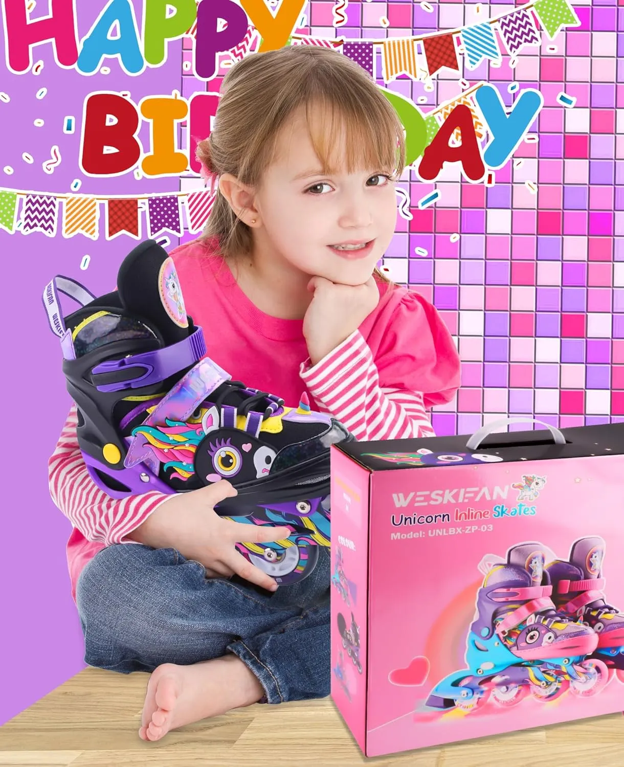 Unicorn Kids Inline Skates for Girls Women,WESKIFAN Rainbow Blades Skates with Shiny Light up Wheels&Adjustable Ages 6-8-12 Year Old, Roller Skates for Birthday Xmas Gifts Toys, Patines para Nias