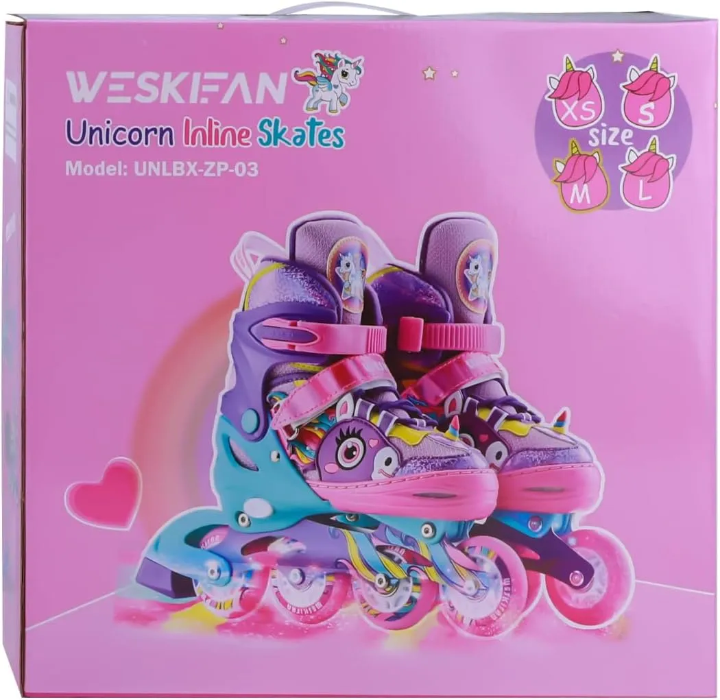 Unicorn Kids Inline Skates for Girls Women,WESKIFAN Rainbow Blades Skates with Shiny Light up Wheels&Adjustable Ages 6-8-12 Year Old, Roller Skates for Birthday Xmas Gifts Toys, Patines para Nias