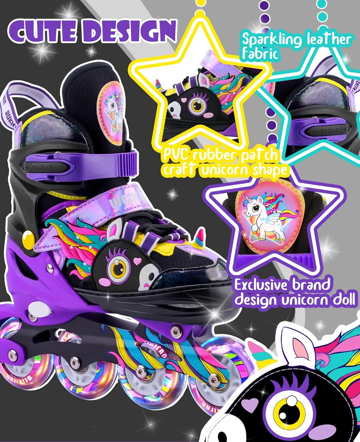 Unicorn Kids Inline Skates for Girls Women,WESKIFAN Rainbow Blades Skates with Shiny Light up Wheels&Adjustable Ages 6-8-12 Year Old, Roller Skates for Birthday Xmas Gifts Toys, Patines para Nias