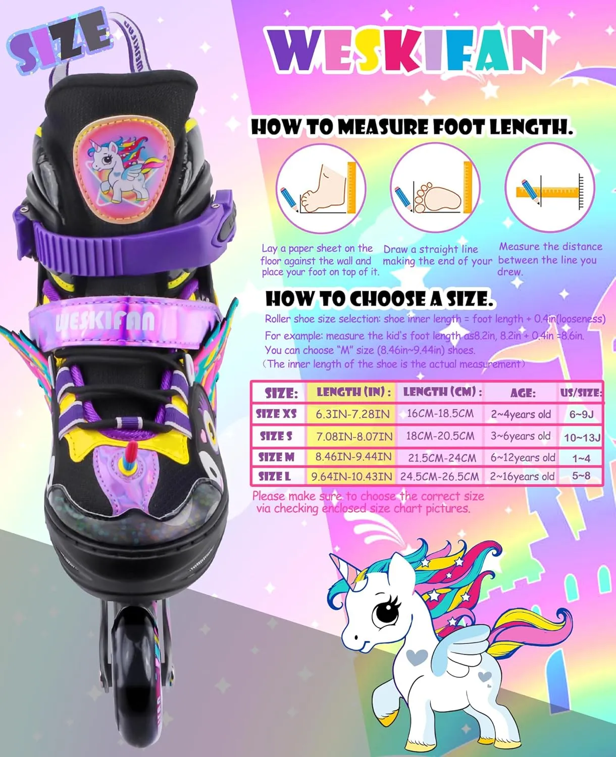 Unicorn Kids Inline Skates for Girls Women,WESKIFAN Rainbow Blades Skates with Shiny Light up Wheels&Adjustable Ages 6-8-12 Year Old, Roller Skates for Birthday Xmas Gifts Toys, Patines para Nias