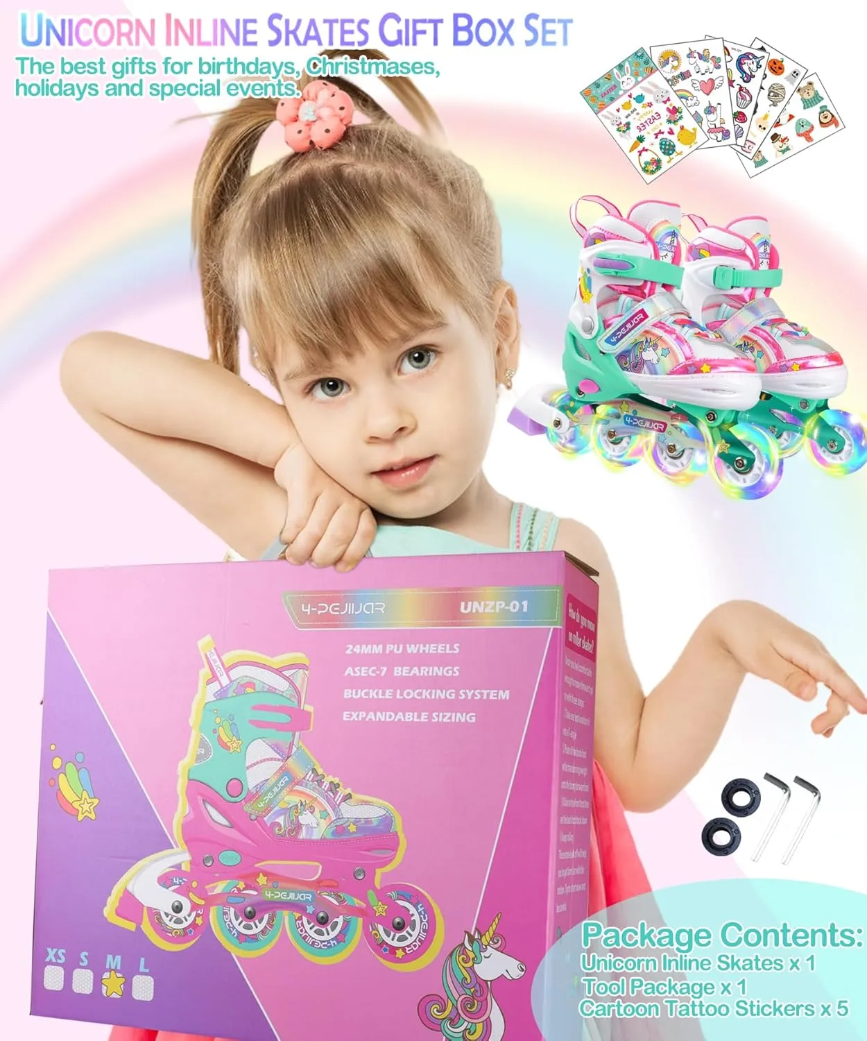 Unicorn Rainbow Inline Skates for Girls Teens Womans,4-Pejiijar Roller Skates for Girls Ages 6-8-12 w/Luminous Wheels,Kids Adjustable Roller Shoes for Birthday Xmas Gifts