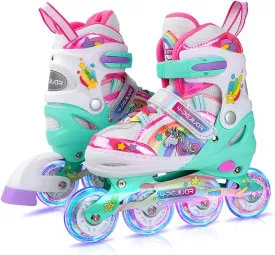 Unicorn Rainbow Inline Skates for Girls Teens Womans,4-Pejiijar Roller Skates for Girls Ages 6-8-12 w/Luminous Wheels,Kids Adjustable Roller Shoes for Birthday Xmas Gifts