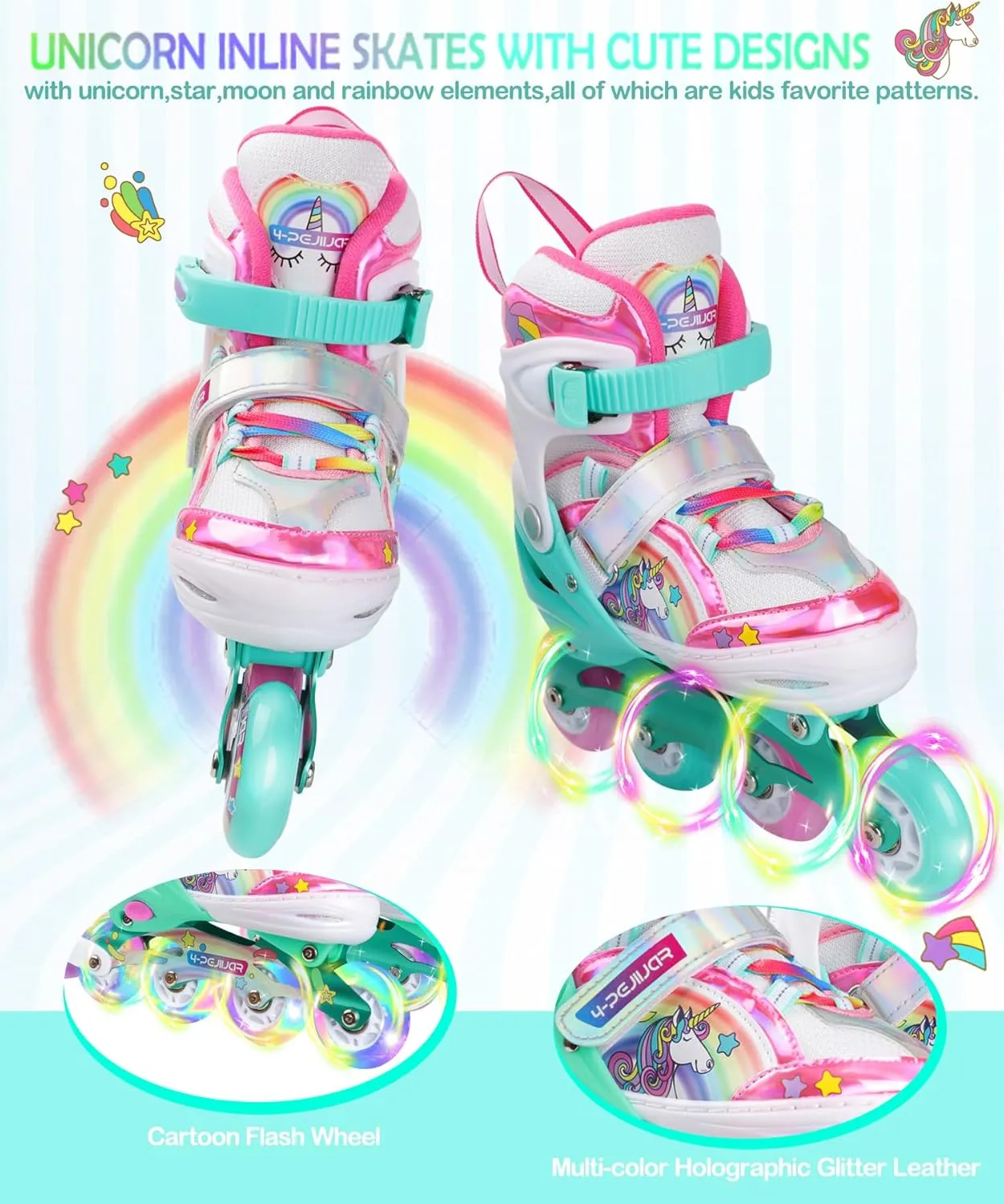 Unicorn Rainbow Inline Skates for Girls Teens Womans,4-Pejiijar Roller Skates for Girls Ages 6-8-12 w/Luminous Wheels,Kids Adjustable Roller Shoes for Birthday Xmas Gifts