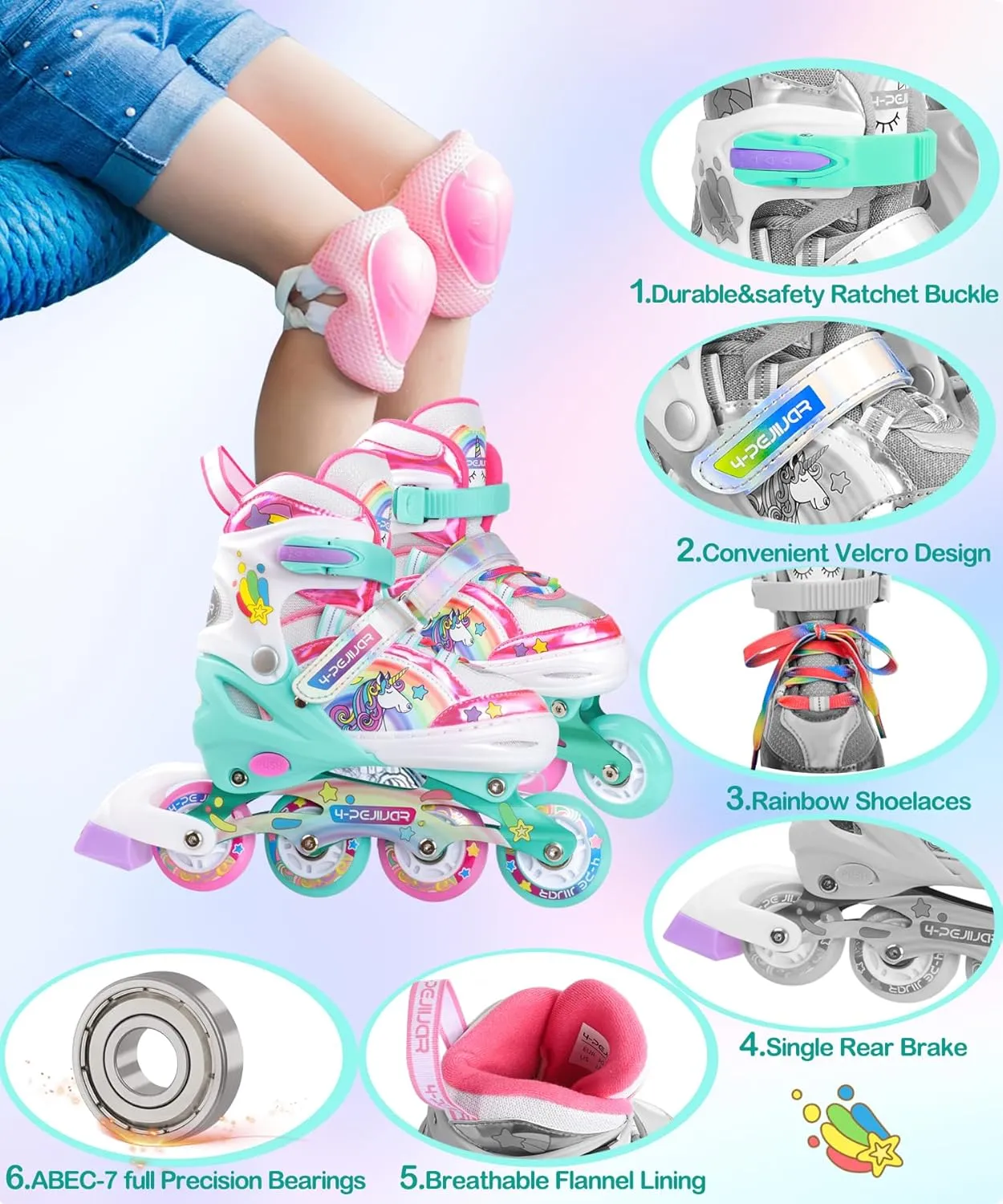 Unicorn Rainbow Inline Skates for Girls Teens Womans,4-Pejiijar Roller Skates for Girls Ages 6-8-12 w/Luminous Wheels,Kids Adjustable Roller Shoes for Birthday Xmas Gifts
