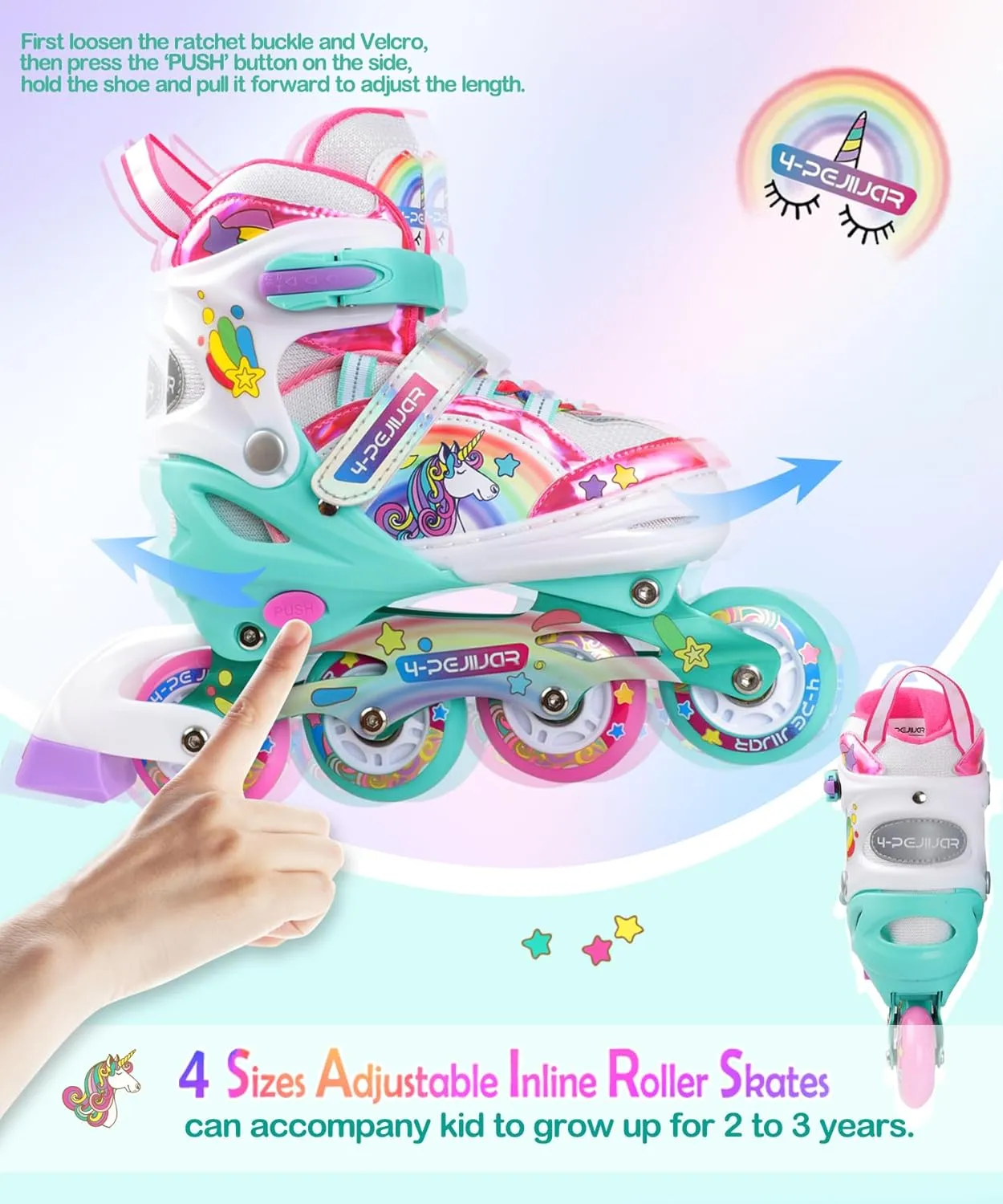 Unicorn Rainbow Inline Skates for Girls Teens Womans,4-Pejiijar Roller Skates for Girls Ages 6-8-12 w/Luminous Wheels,Kids Adjustable Roller Shoes for Birthday Xmas Gifts