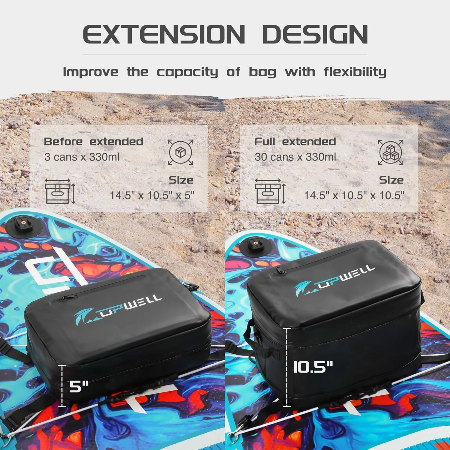 UPWELL Paddle Board Accessories - Waterproof SUP Cooler Deck Bag, PVC Dry Bag, 30 Cans Surf Kayak Cooler