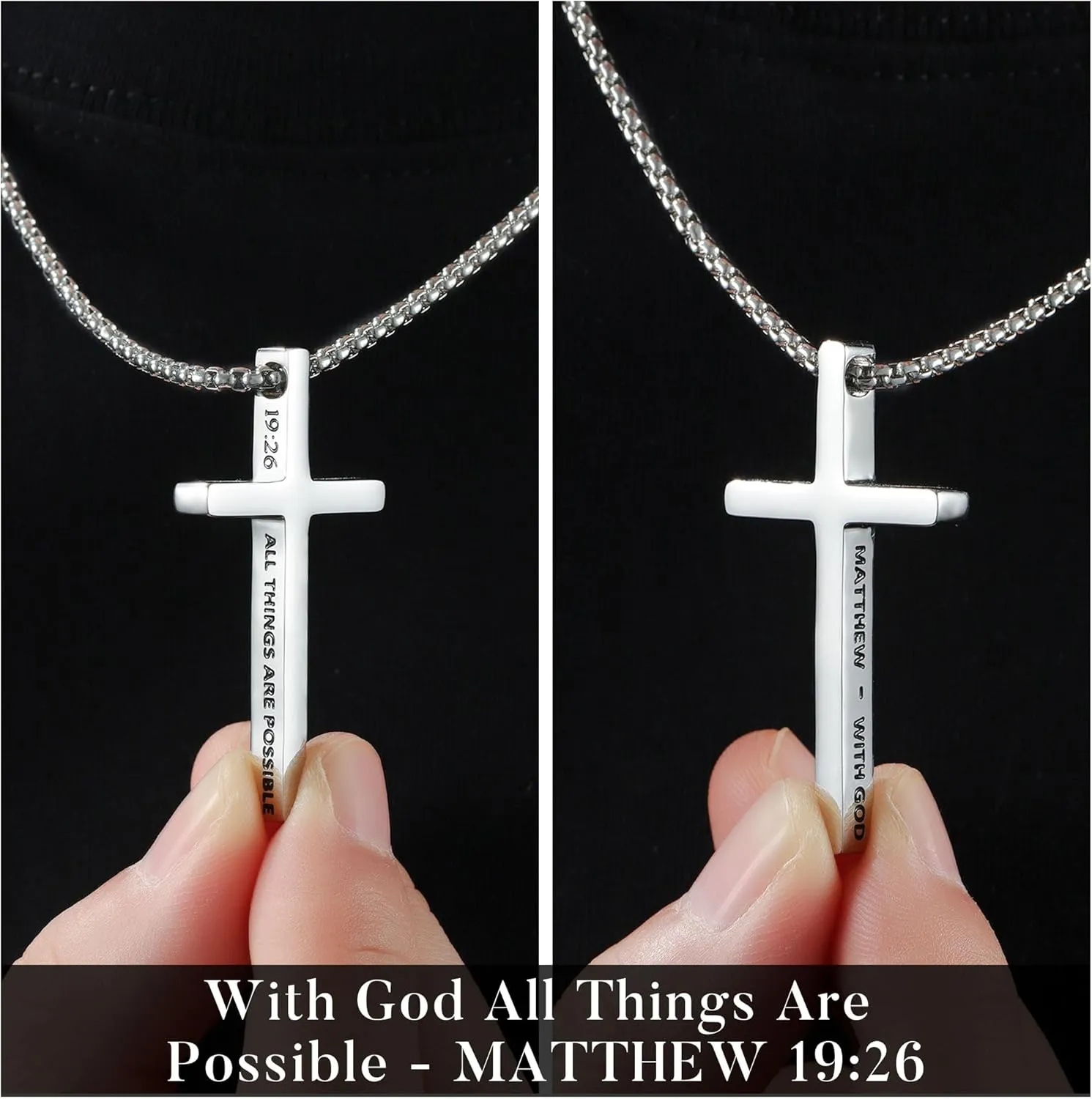 Ursteel 2 Pcs Black Silver Cross Necklace for Men - Inspirational Bible Verse Cross Chain for Men Stainless Steel Cross Pendant Necklace for Men Gifts, Box Chain 18-24 Inch