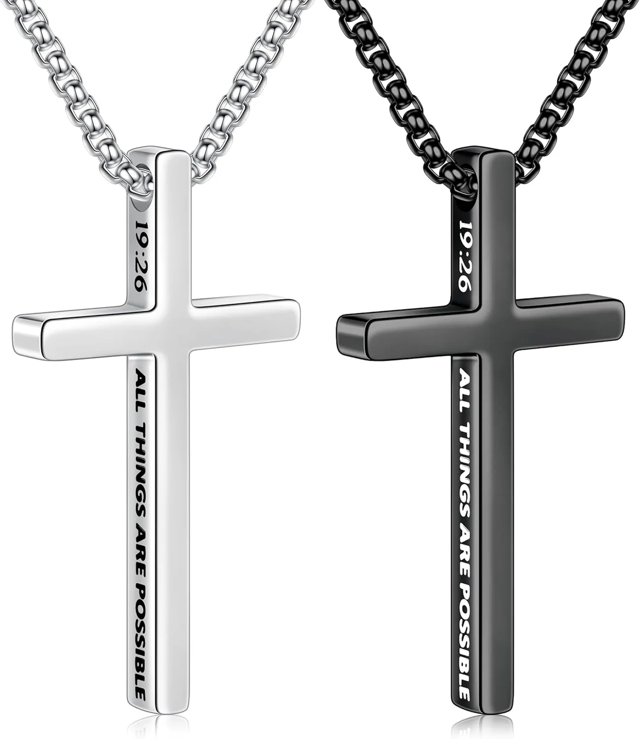 Ursteel 2 Pcs Black Silver Cross Necklace for Men - Inspirational Bible Verse Cross Chain for Men Stainless Steel Cross Pendant Necklace for Men Gifts, Box Chain 18-24 Inch