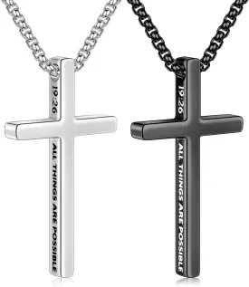 Ursteel 2 Pcs Black Silver Cross Necklace for Men - Inspirational Bible Verse Cross Chain for Men Stainless Steel Cross Pendant Necklace for Men Gifts, Box Chain 18-24 Inch