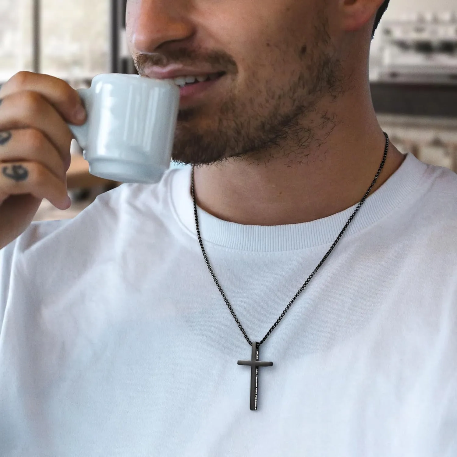 Ursteel 2 Pcs Black Silver Cross Necklace for Men - Inspirational Bible Verse Cross Chain for Men Stainless Steel Cross Pendant Necklace for Men Gifts, Box Chain 18-24 Inch