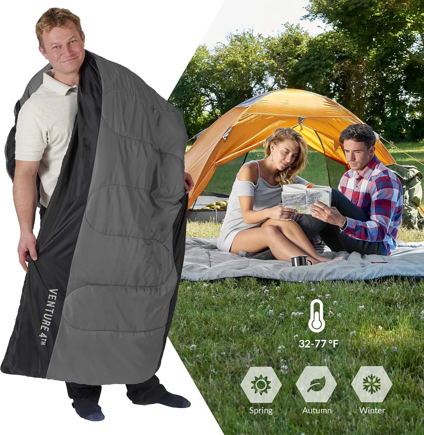 VENTURE 4TH Backpacking Sleeping Bag  XXL, Double and Single Sizes - Lightweight Warm & Cold Weather Sleeping Bags for Adults, Kids & Couples  Ideal for Hiking, Camping & Outdoor Adventures
