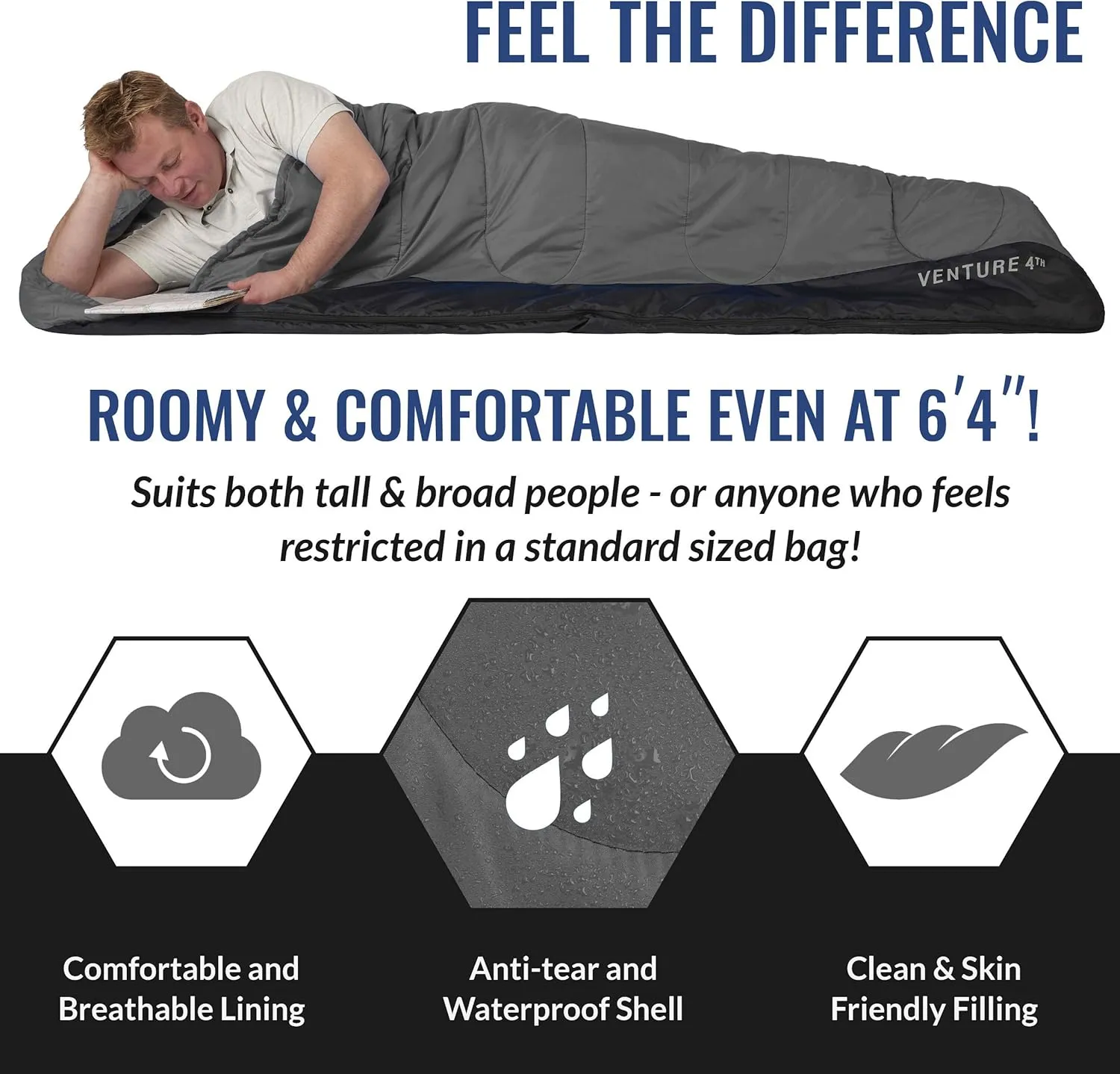 VENTURE 4TH Backpacking Sleeping Bag  XXL, Double and Single Sizes - Lightweight Warm & Cold Weather Sleeping Bags for Adults, Kids & Couples  Ideal for Hiking, Camping & Outdoor Adventures