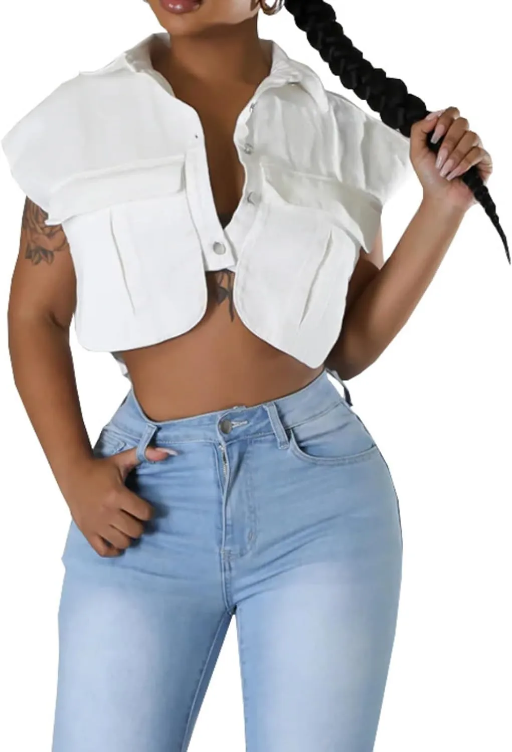 Womens Summer Cute Camo Button Down Cropped Jean Jacket Casual Lapel Outwear Denim Shirts Blouse Top