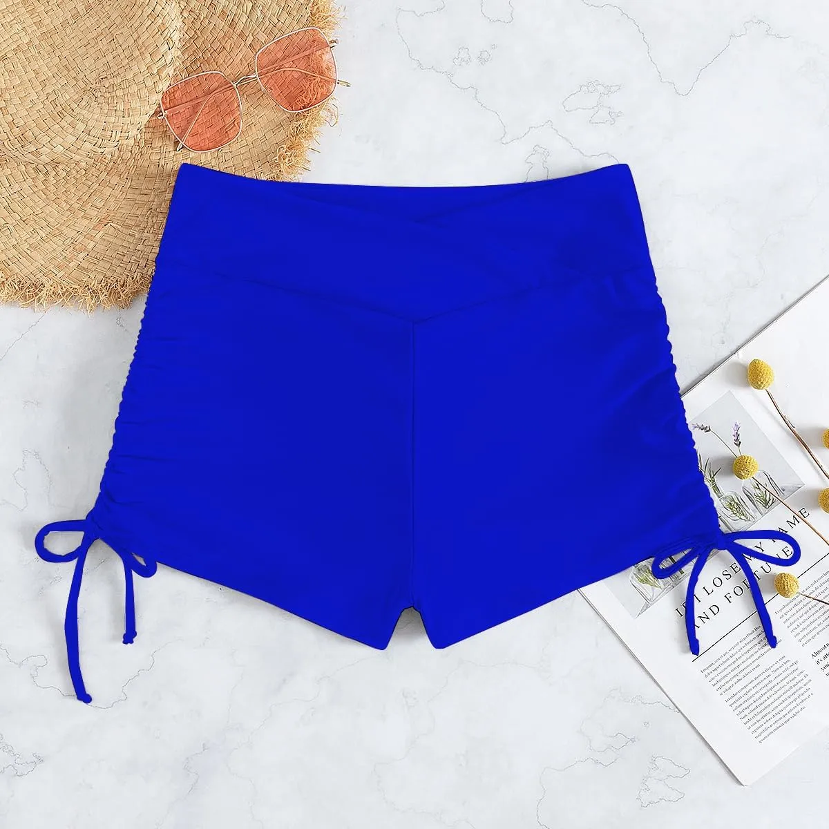 Women's V Cross High Waisted Swim Shorts Ruched Side Tie Boy Shorts Swimsuit Bottoms with Liner